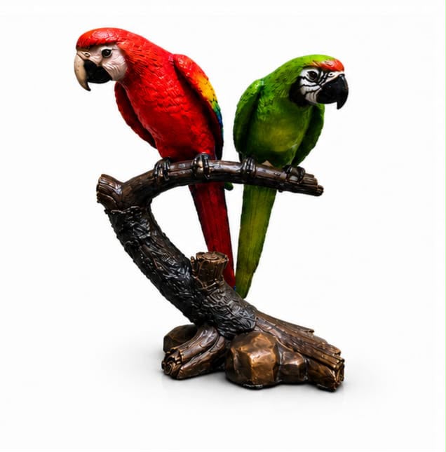 Two Bronze Colorful Parrots On A Tree Statue