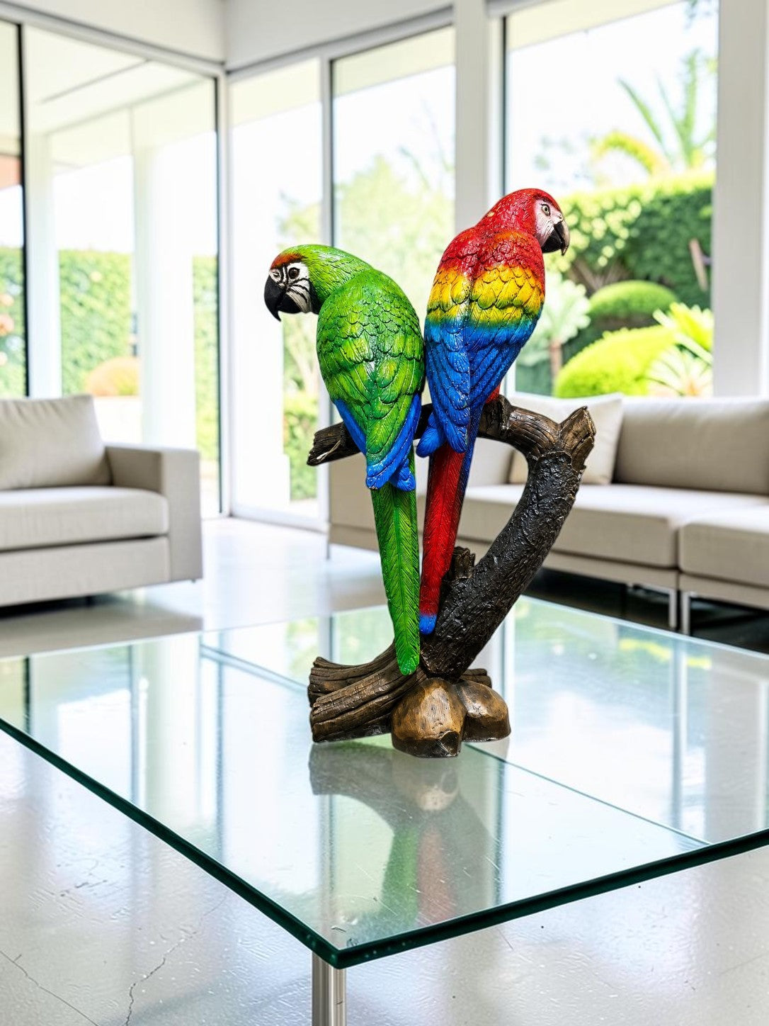 Two Bronze Colorful Parrots On A Tree Statue
