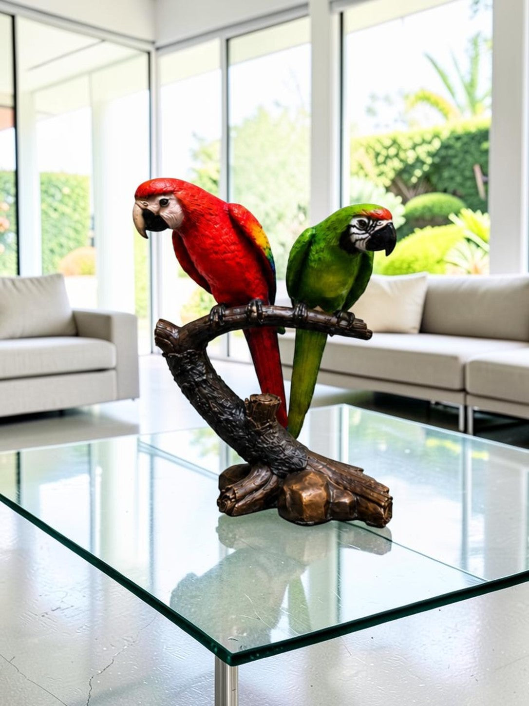 Two Bronze Colorful Parrots On A Tree Statue