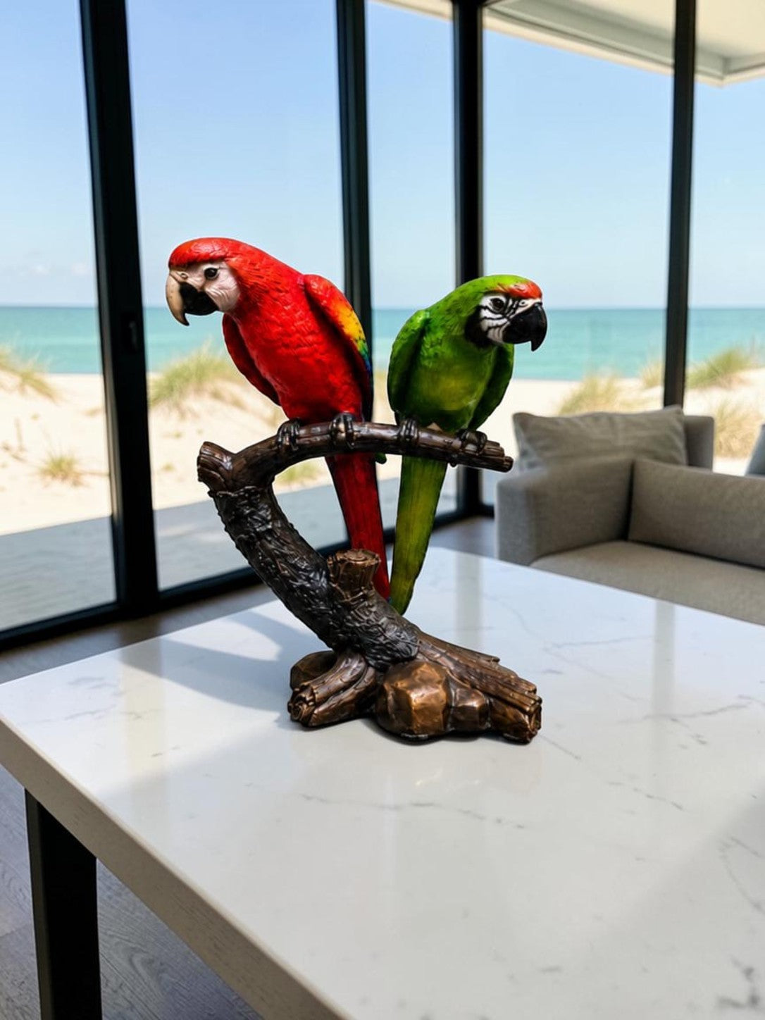 Two Bronze Colorful Parrots On A Tree Statue