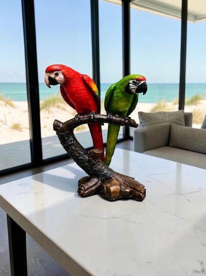 Two Bronze Colorful Parrots On A Tree Statue