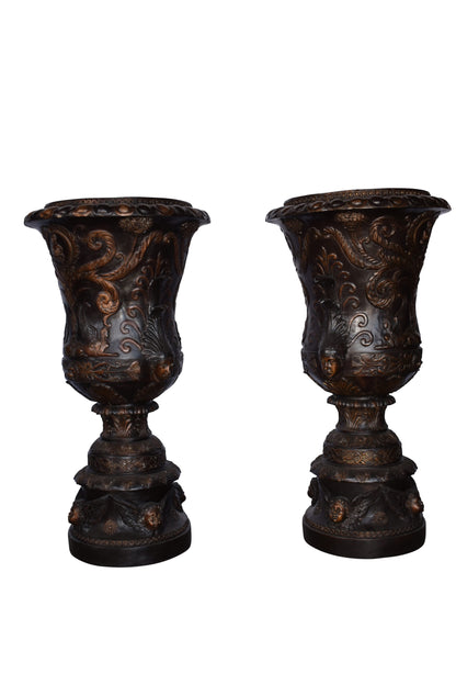 A Large Pair of Urns with Lady Faces Bronze Statue Size: 23" x 23" x 43"H