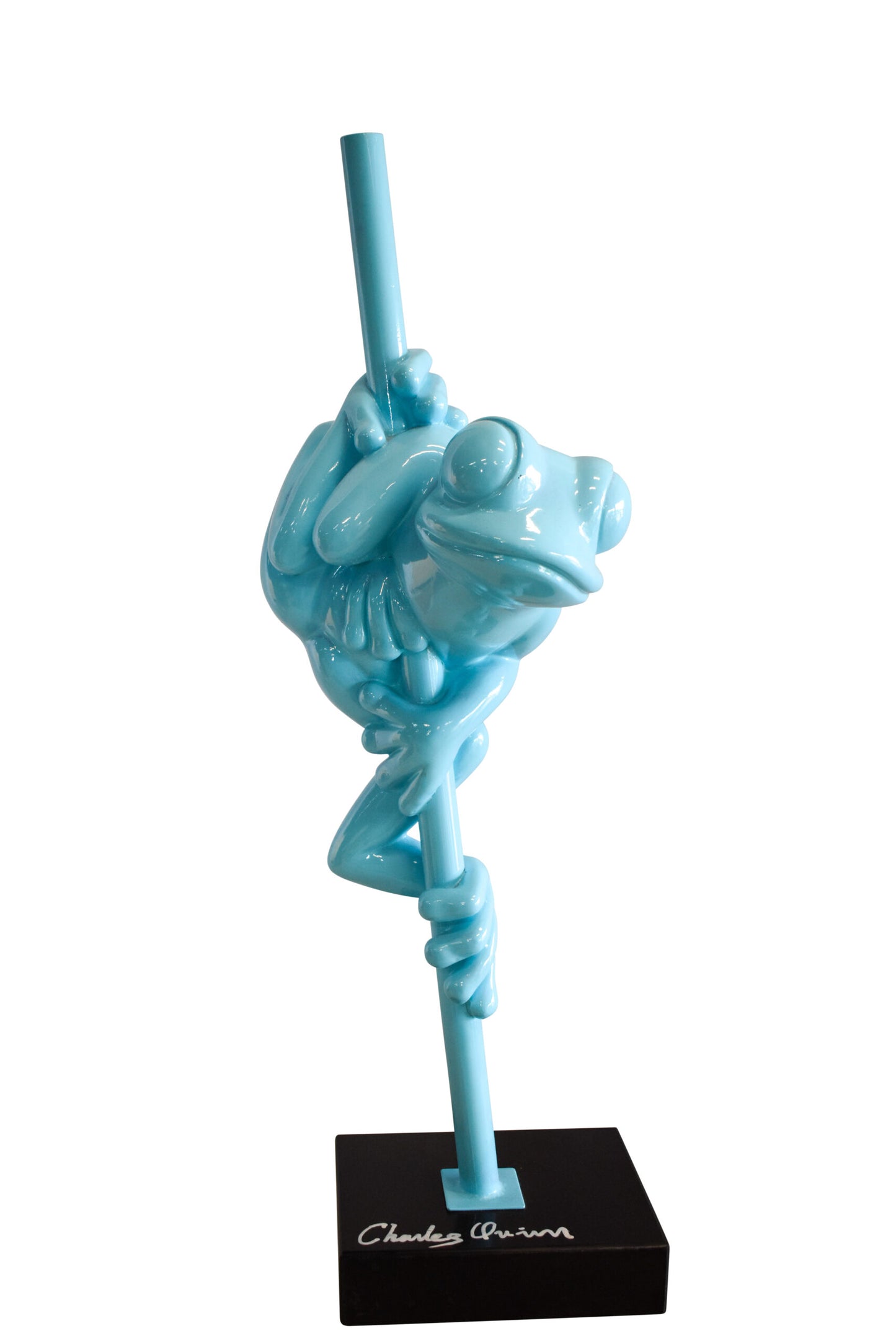 Modern Light Blue Lively Frog on Branch Resin Statue 10" x 8" x 28"H