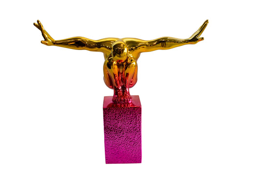 Olympian Stanced Man on Patterned Pink Chrome Base Resin Statue 20" x 8" x 17"H