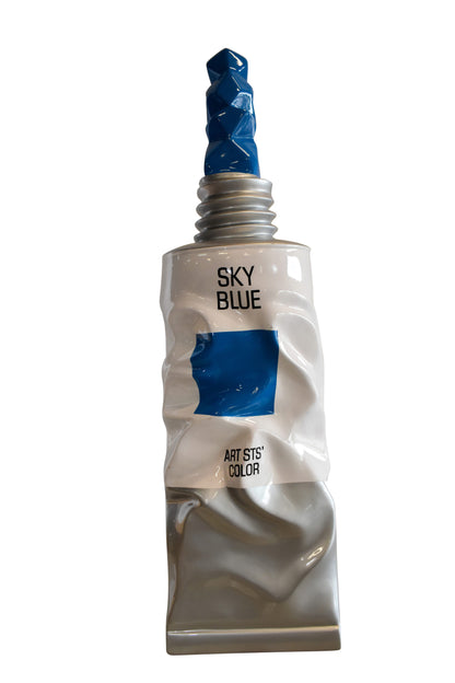Oversized Wall Mounted Sky Blue Paint Tube Squezed Resin Statue 10" x 12" x 44"H
