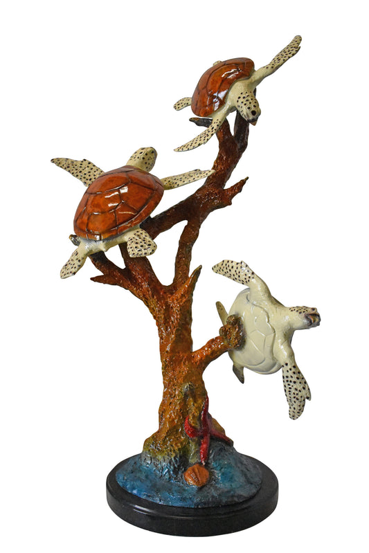 Three Turtles with Coral Bronze Statue - Size: 32"L x 32"W x 41"H.