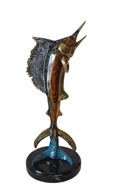 Single Sailfish Bronze Statue Mounted on Round Marble - Size: 6"L x 6"W x 15"H.