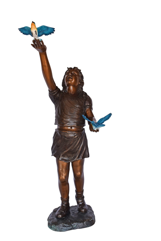 Girl, sandy, with two Blue birds Bronze Statue - Size: 25"L x 23"W x 41"H.