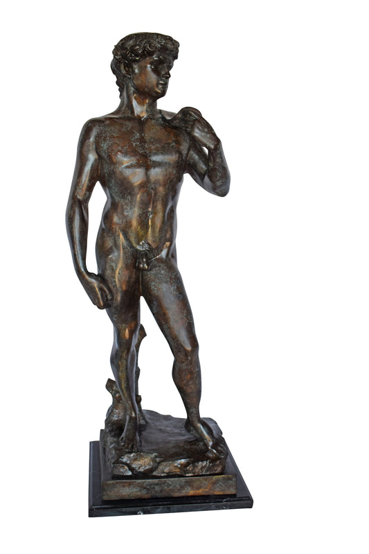 David by Michelangelo bronze statue replica  - Size: 13"L x 10"W x 36"H.