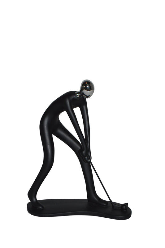 Modern art Black Golfer with Silver Head Resin Statue - Size: 7"L x 2"W x 9"H.