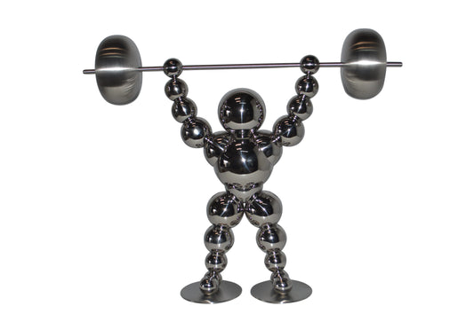 Modern Art Weightlifter Up Position Chrome Balls Statue - Size: 20"x5"x17"H