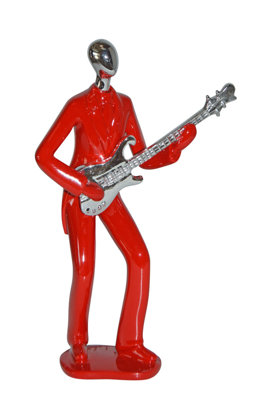 Modern Art Red and Chrome Man Playing Guitar Resin Statue - Size: 7" x 3" x 11"H
