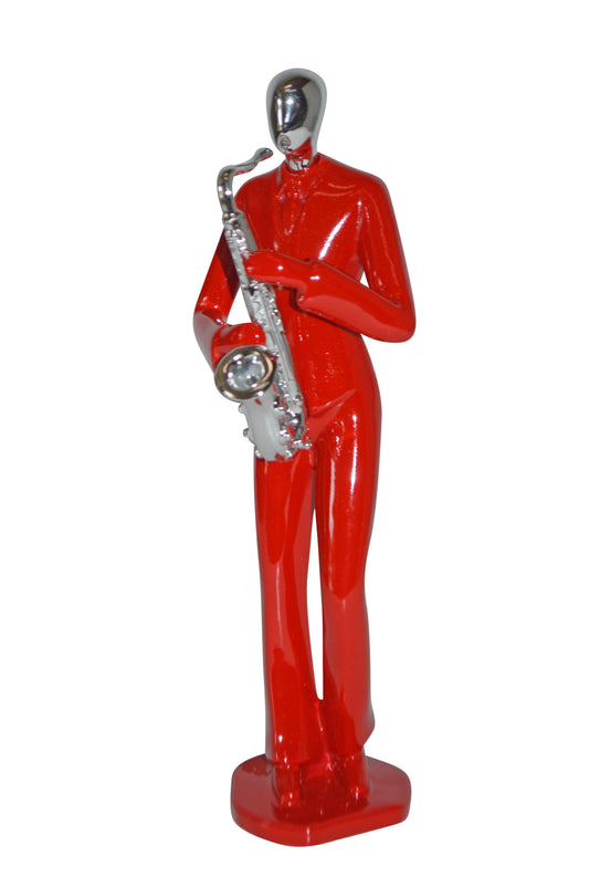 Modern Art Red and Chrome Man Play Saxophone Resin Statue - Size: 4" x 3" x 11"H