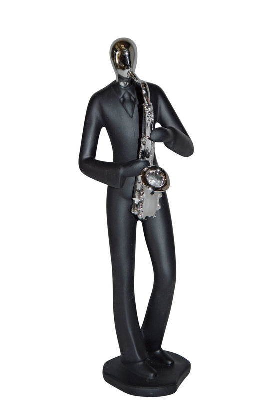 Modern Art Black and Chrome Man Play Saxophone Resin Statue - Size: 4"x3"x11"H