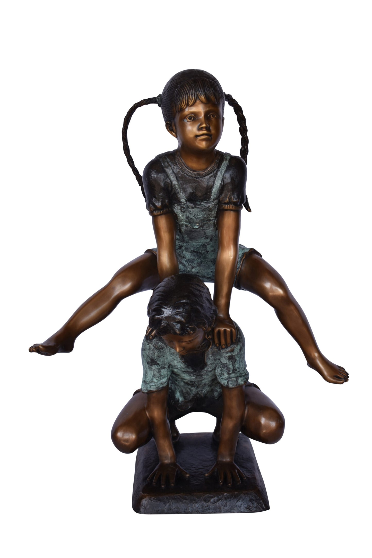 Boy and Girl Leapfrog Jumping Bronze Statue - Size: 25"L x 20"W x 32"H.