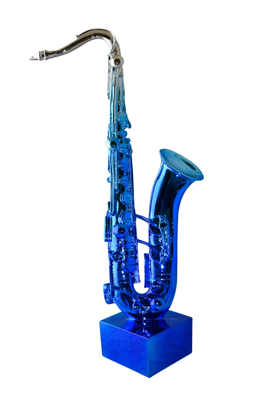 Modern Art Blue and Silver Saxophone Statue Made of Resin Size: 10" x 8" x 28"H