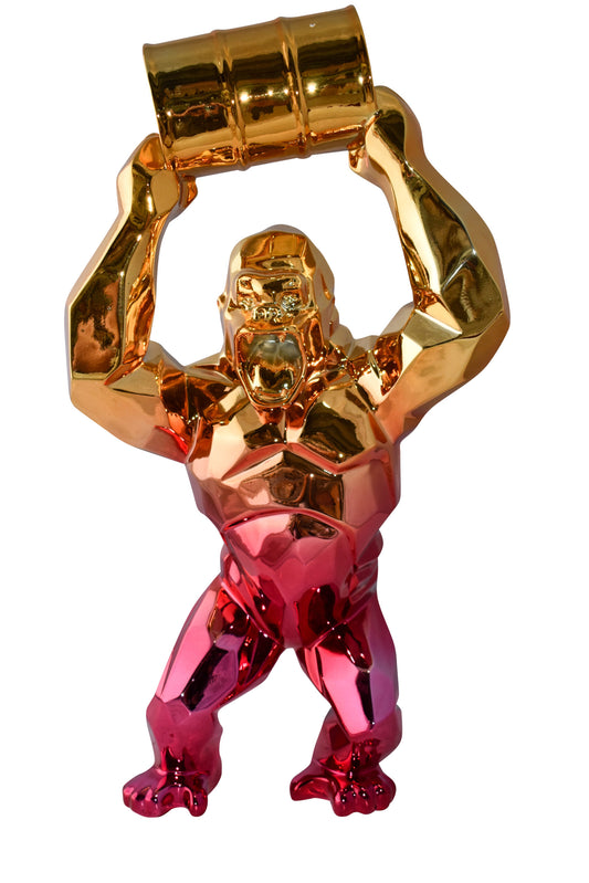 Textile Red and Gold King Kong with A Barrell Statue  Size: 14" x 7" x 24"H