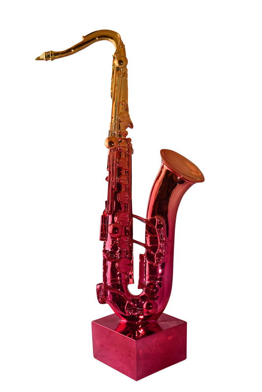 Modern Art Pink and Gold Saxophone Statue Made of Resin Size: 10" x 8" x 28"H