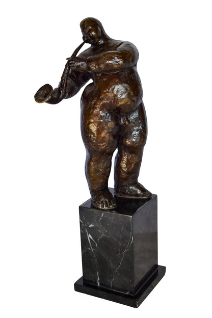 Botero Replica of Art Nude Man Playing Saxophone Bronze Statue 7" x 7" x 23"H