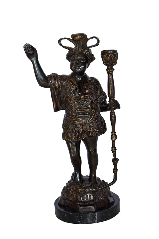 Blackamoor Candle Holder Made of Bronze Statue Mounted on Marble  9" x 4" x 17"H