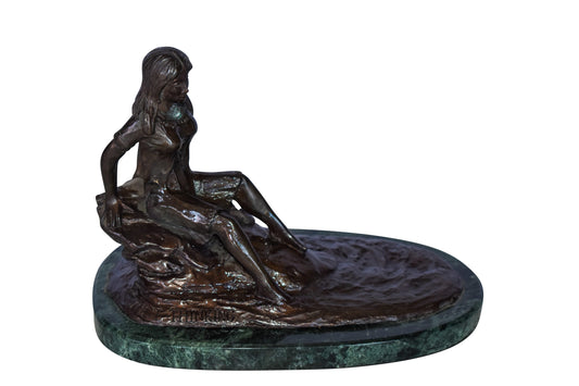 Women Thinking by The Lake Bronze Statue on Marble Size: 10" x 6" x 7"H