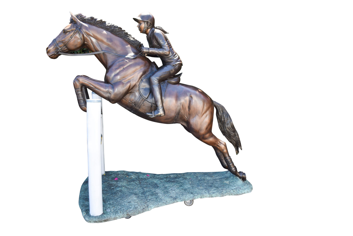 Life Size Horseback Rider Jumping Realistic Bronze Statue Size: 85" x 45" x 71"H