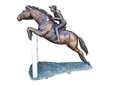 Life Size Horseback Rider Jumping Realistic Bronze Statue Size: 85" x 45" x 71"H