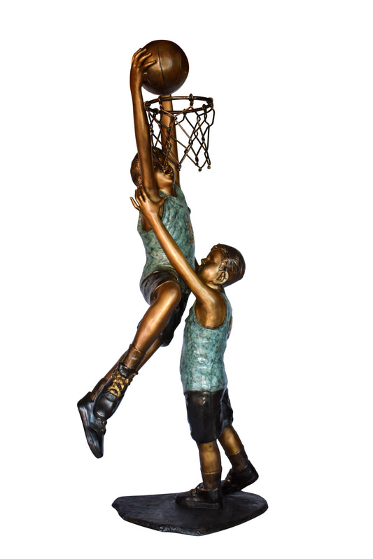 Kids Playing Basketball in Action Life Size Bronze Statue  27" x 17" x 66"H