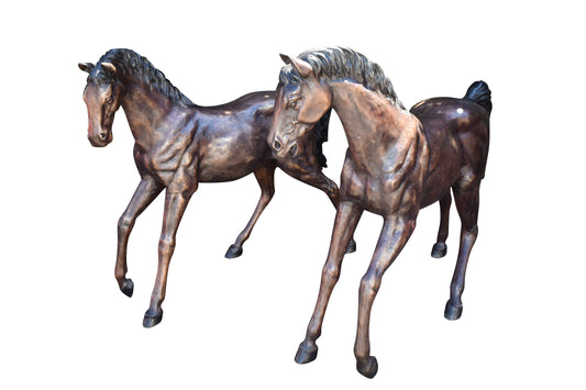 Pair Of Very Detailed Young Horses, Foals, Bronze Statues Size: 56" x 50" x 47"H