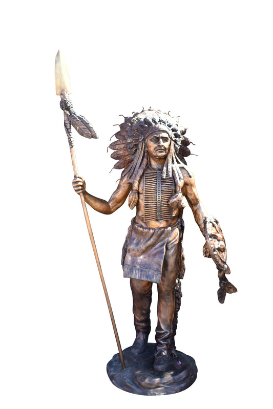 Indian Chief Brown Patina Detailed Bronze Statue Size: 50" x 36" x 95"H