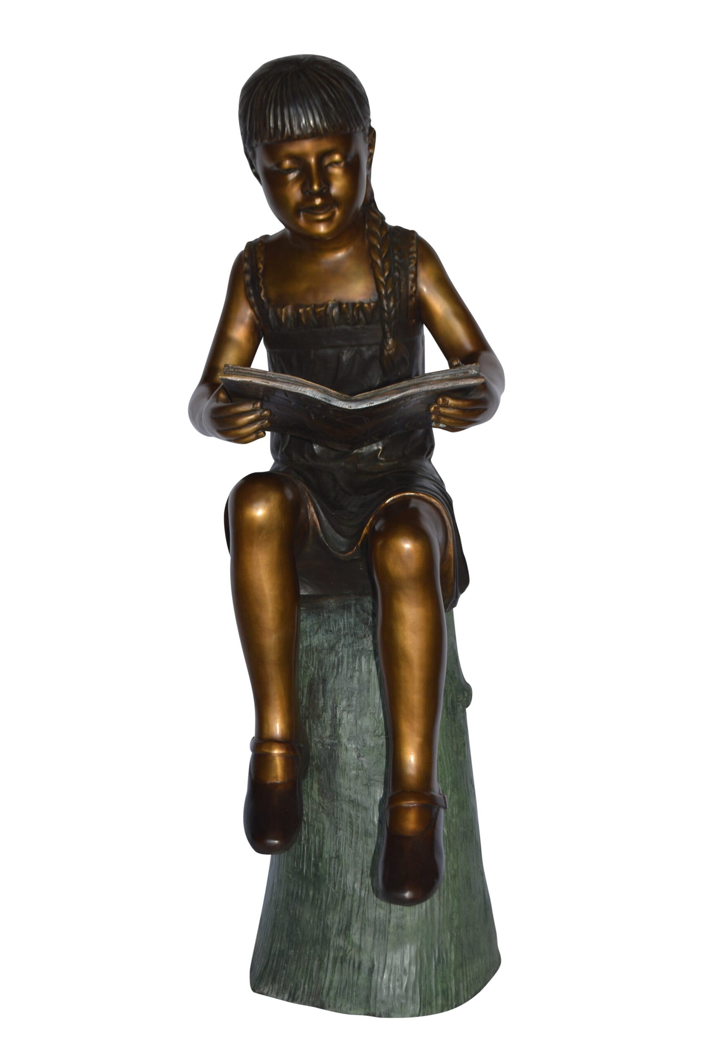 Girl Sitting on a Tree Stump, Reading Bronze Statue - Size: 15"L x 20"W x 22"H.
