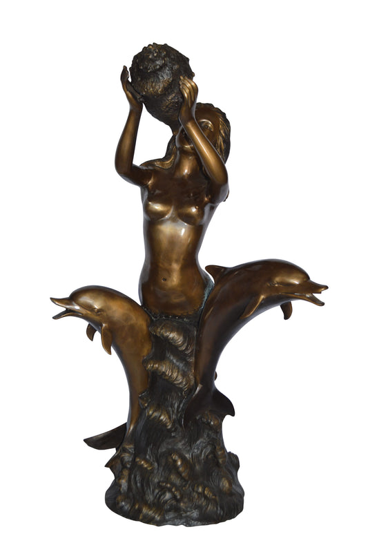 Mermaid with Two Dolphins Bronze Fountain Art Nude - Size: 26"L x 22"W x 43"H.