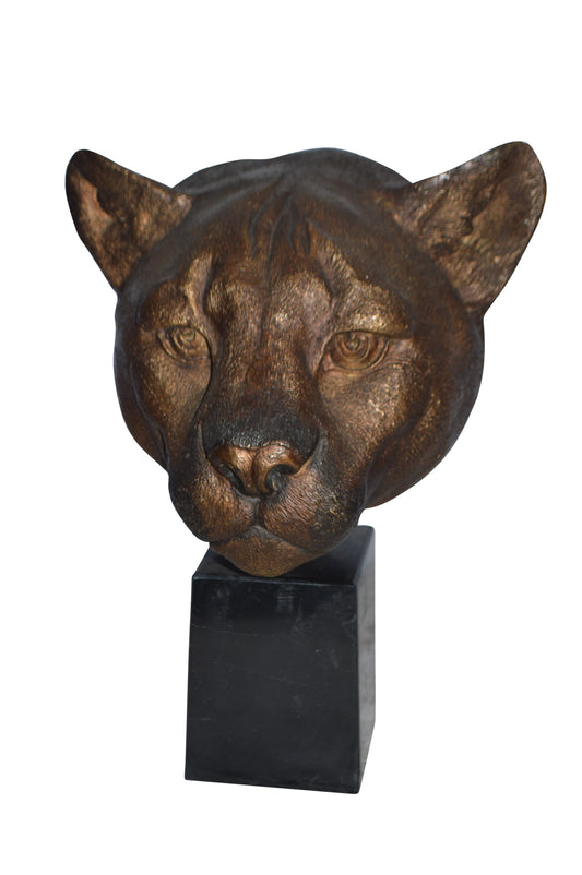 Lion Head Bust – bronze statue on a marble base - Size: 10"L x 7"W x 14"H.