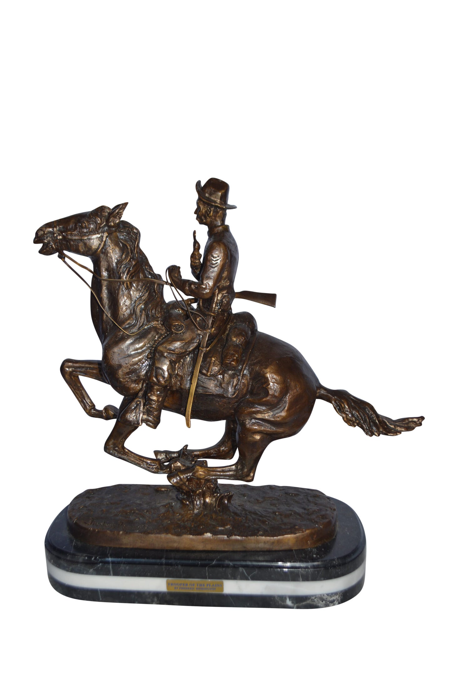 Trooper of the plains Bronze replica by Remington - Size: 20"L x 8"W x 21"H.