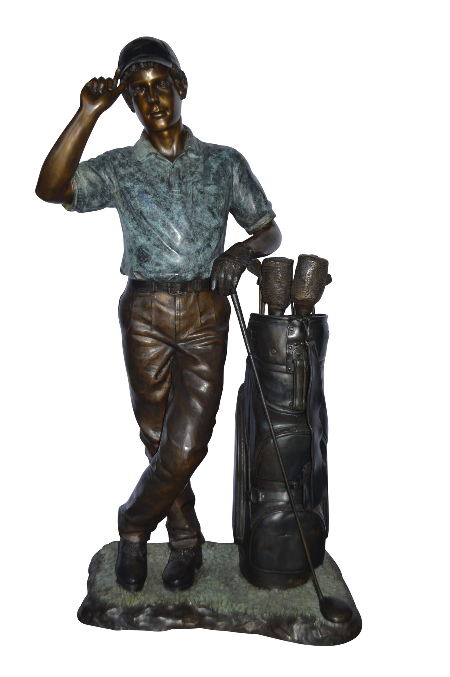 Golfer standing with his gear large bronze Statue - Size: 34"L x 21"W x 65"H.