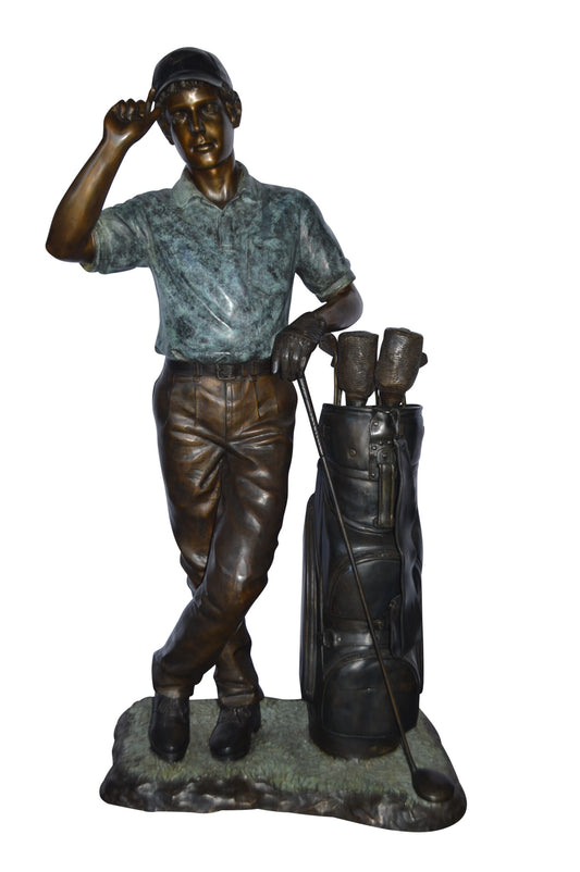 Golfer standing with his gear large bronze Statue - Size: 34"L x 21"W x 65"H.