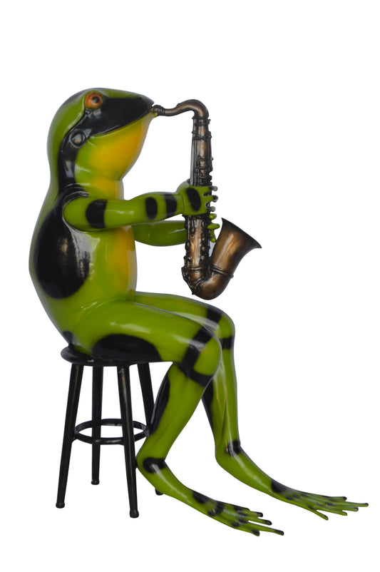 Green frog playing saxophone bronze statue - Size: 23"L x 15"W x 30"H.