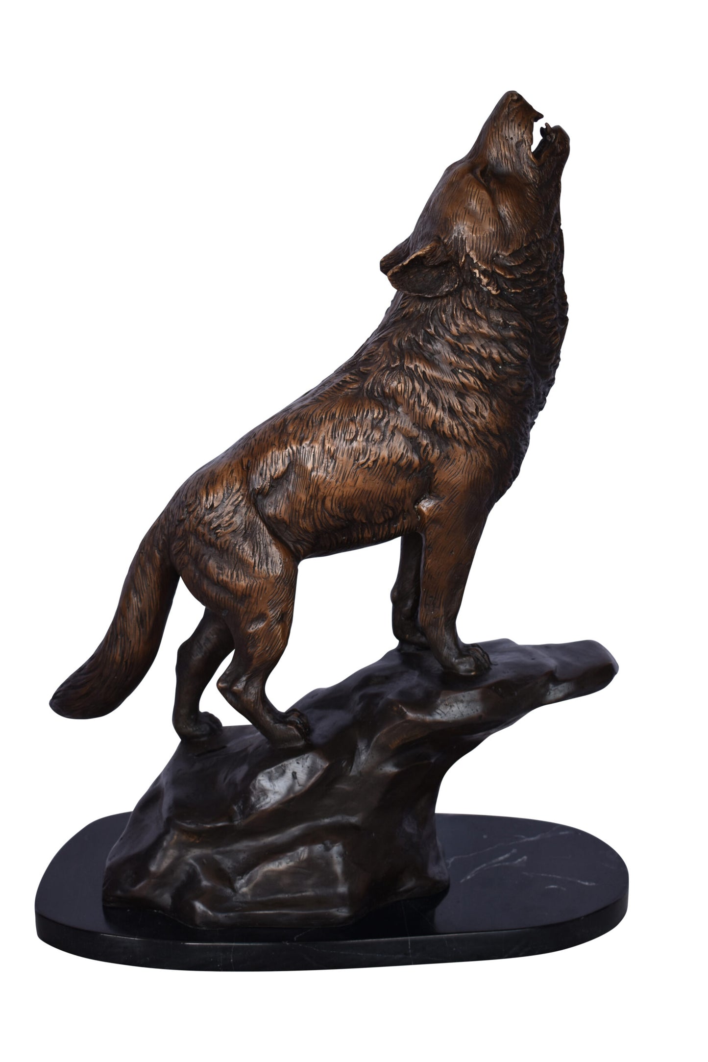 Howling Wolf at Edge of a Cliff Bronze Statue - Size: 9"L x 20"W x 26"H.