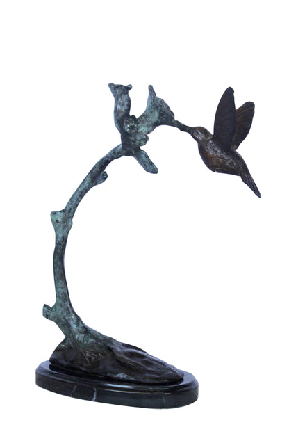 Hummingbird with flower bronze statue  -  Size: 12"L x 7"W x 15"H.