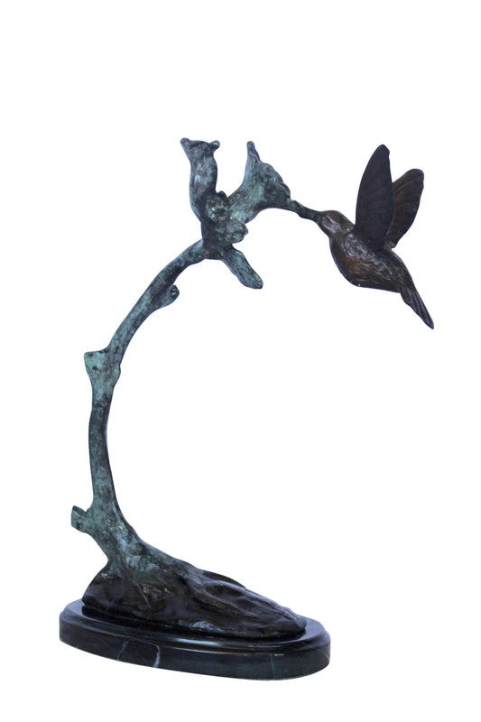 Hummingbird with flower bronze statue  -  Size: 12"L x 7"W x 15"H.