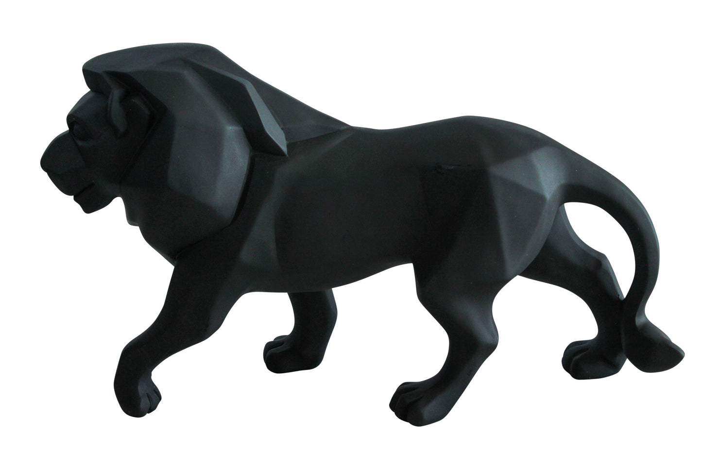 Black Resin Geometric Lion Sculpture in Modern Walking Pose   17" x 5" x 9"H