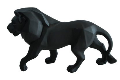 Black Resin Geometric Lion Sculpture in Modern Walking Pose   17" x 5" x 9"H