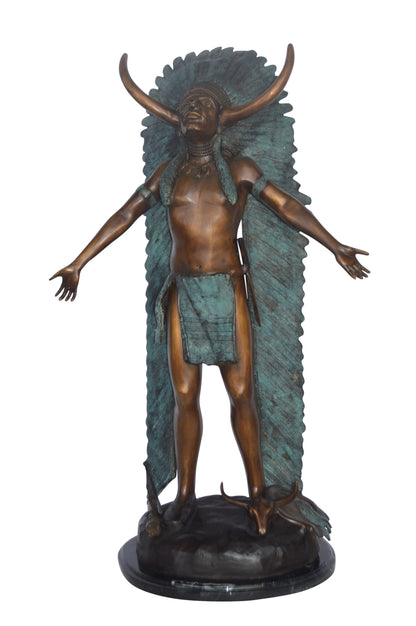Indian with Plume bronze statue - Size: 22"L x 14"W x 38"H.