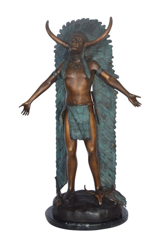 Indian with Plume bronze statue - Size: 22"L x 14"W x 38"H.