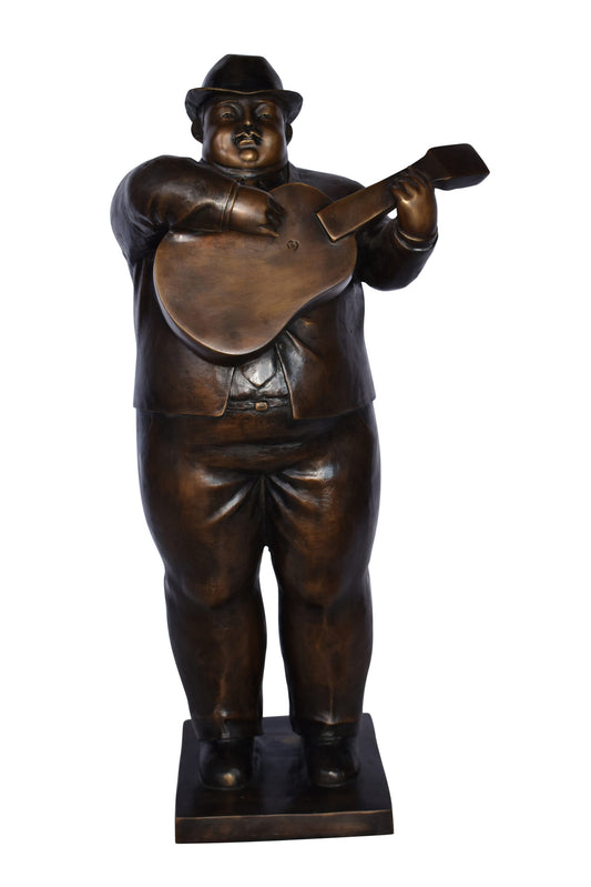 Man Playing  Guitar Fernando Botero Style Bronze Statue - 14" x 11" x 30"H.