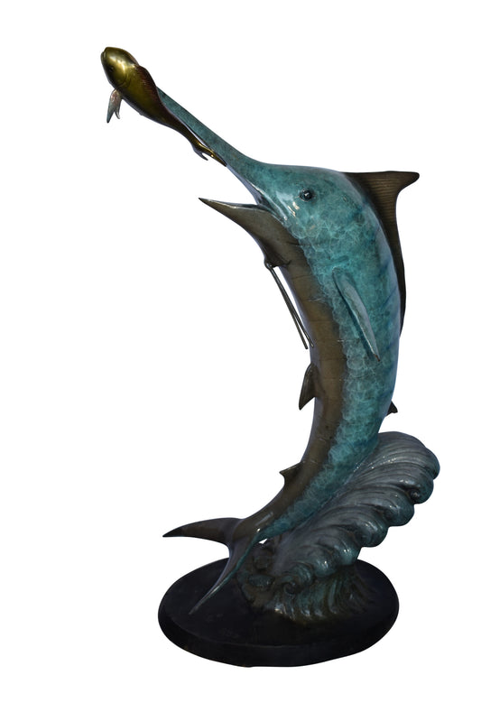 Marlin Fish Catching A Small Fish in Action Bronze Statue Size: 28" x 16" x 50"H