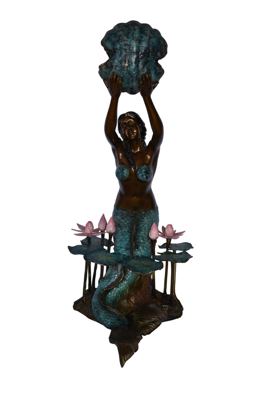 Mermaid Holding A Shell Upright Water Bronze Fountain Art Nude 19"x 26" x 40"H