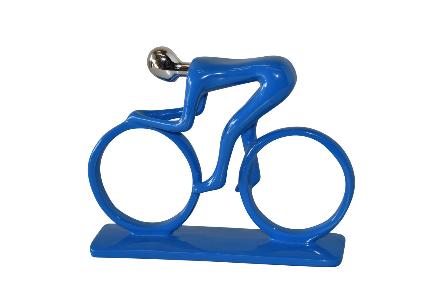 Modern Art Blue Chrome Rider on His Bicycle Resin Statue Size: 8" x 2" x 6"H