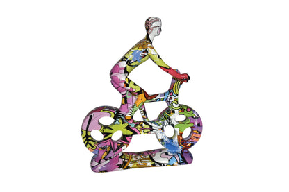 Modern Art Graffiti Bicycle and Rider Statue Made of Resin Size: 10" x 4" x 15"H