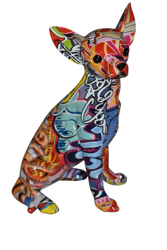 Modern Art Graffiti Sitting Chihuahua Statue Made of Resin Size: 8" x 5" x 10"H